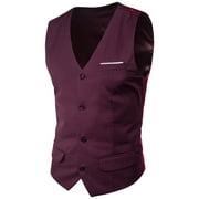 IYTR Men's Single Breasted Suit Vest Solid Color Sleeveless Jacket Button-up V Neck Coat Slimming Suit Jackets Top with Pocket Wine XXXXL